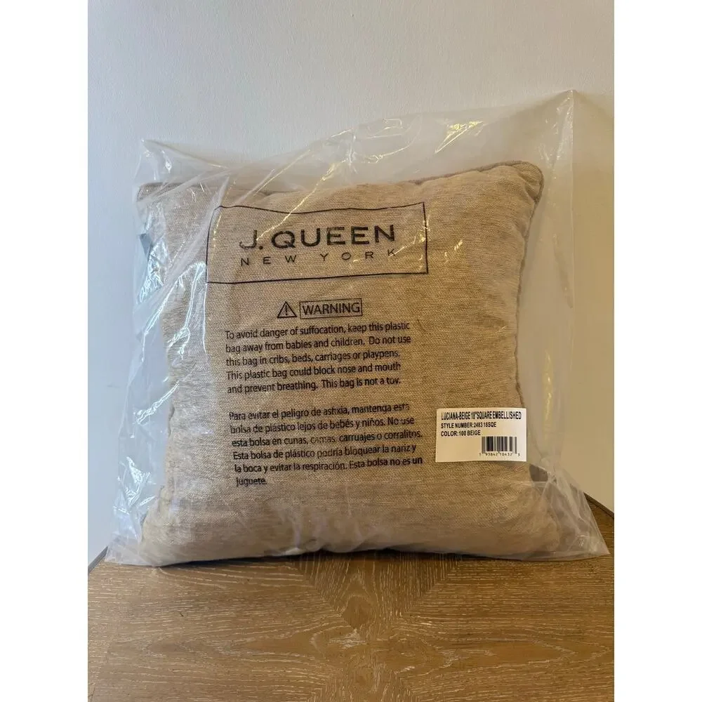 J Queen New York Luciana 18” Decorative Throw Pillow Beige Damask NEW